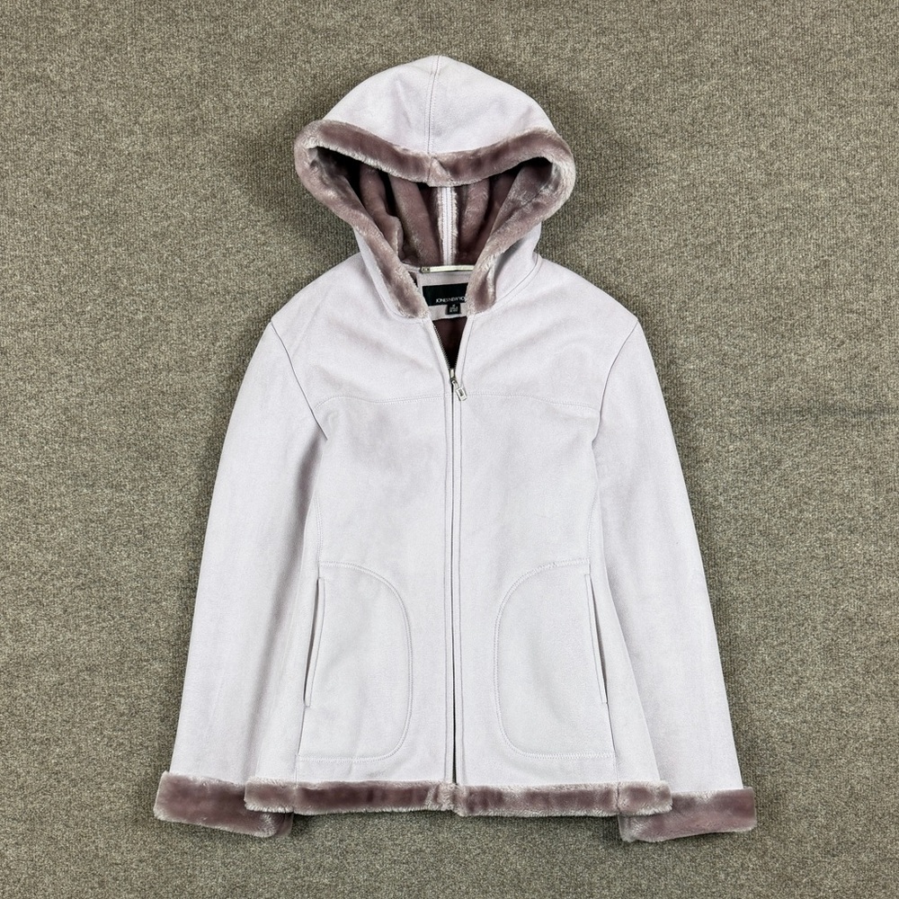 Jones New York Lavender Purple Faux Suede Fur Lined Hooded Zip Jacket Women’s M